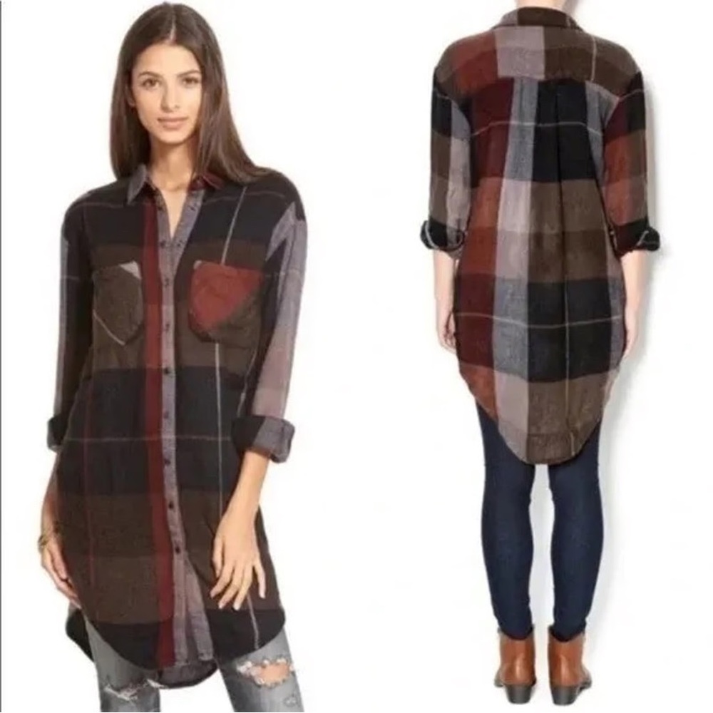 Free People Plaid Longline Button-Up Shirt Dress in Black, Brown, Rust